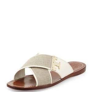 Tory Burch Culver Canvas Slides Gold T Logo